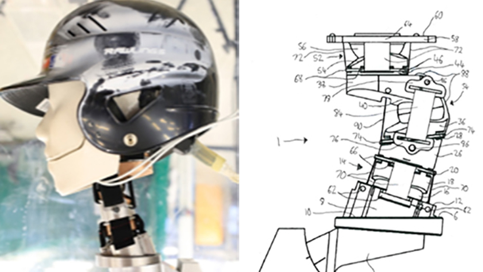 An image of a helmet on a dummy head. There is also a diagram of the device.